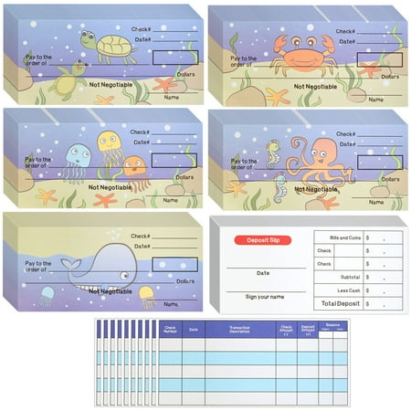 150 Sheets Fake Checkbook for Kids Learning with Pretend Deposit Slip and Check Register for Play School Supplies, Ocean Themed