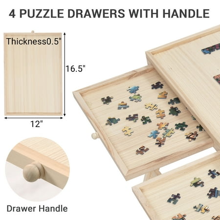 1500 Pcs Wooden Folding Puzzle Table with Legs, 34" x 26" Jigsaw Wooden Puzzle Board with 4 Sliding Drawers and Puzzle Cover Jigsaw Puzzle Table for Adults Birthday Gift for Family