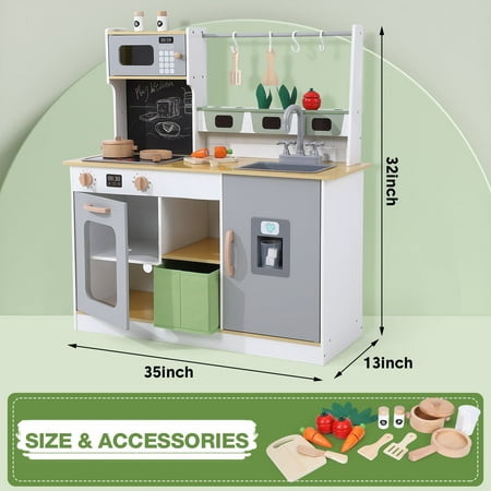 Wooden Farm & Kitchen Playset, Kids Play Kitchen with Cookware Accessories, Wooden Chef Pretend Play Set with Ice Maker, Chalkboard, Planter Area