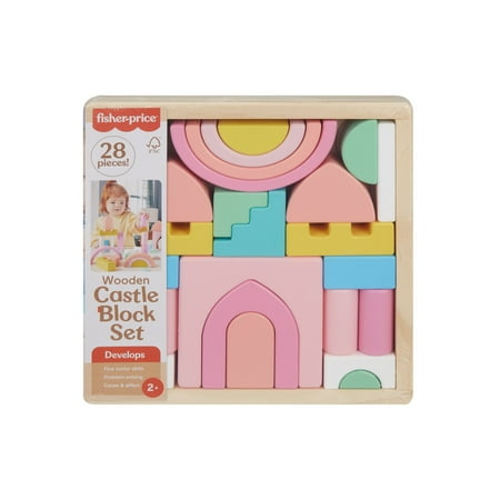 Fisher-Price Wooden Pink Castle Building Block Set, Stacking Pretend Play for Toddlers 2+, 28 Pieces