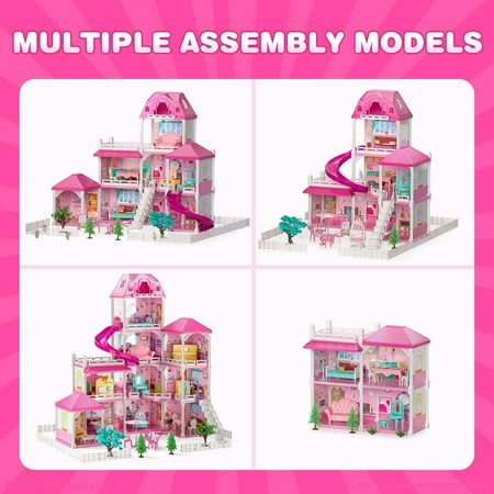 Hot Bee Dollhouse for Girls,4-Story 12 Rooms Playhouse with 2 Dolls Toy Figures,Pretend Doll House with Accessories,Gift Toy for Kids Ages 3 4 5 6