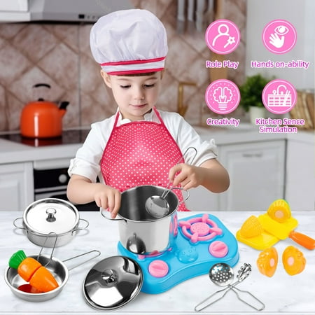 Play Kitchen Accessories, Kids Kitchen Play Pots and Pans Playset with Stainless Steel Pretend Play Cooking Set, Cookware Utensils, Apron, Chef Hat, Cutting Food for Toddlers Boys Girls