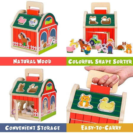 ANTIC DUCK Toddlers Toy: Wooden Montessori Farm Animals Toys for 1 Year Old, Take-Along Barn Toy for Toddlers 1-3, Learning Educational Toys for 1 2 3 Year Old Boys Girls