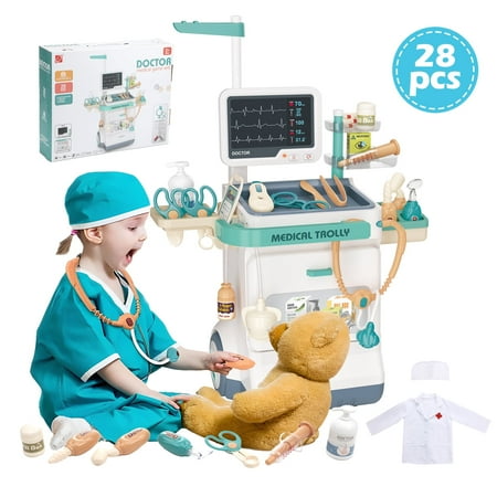 Anpro Doctor Kit for Kids, 28PCS Pretend Medical Station Toy Set with Mobile Cart, Doctor's Uniform and Thermometer, Perfect Role Play Giftfor Boys & Girls 3+ Years Old Gifts, White