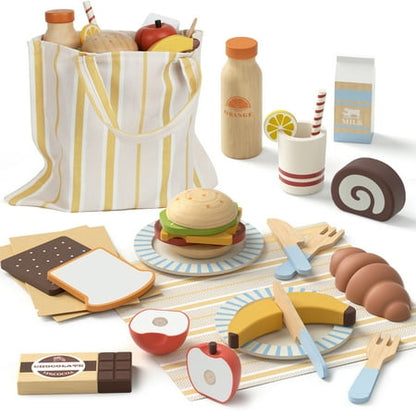 Wooden Play Food Sets for Kids Kitchen, Lehoo Castle Food Toys for Toddlers 3-5, Pretend Picnic Play Set