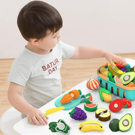 17 Pcs Pretend Play Kitchen Accessories Toys Set,Plastic Fruits with Basket Cutting Food Toys for Toddlers Playset Gifts for 3 4 5 Years Old Kids Girls Boys Toddler