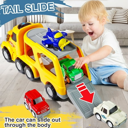 Trucks Toys for Boys 3-6 Year Old Boys, 5-in-1 Friction Power Toy Vehicle in Carrier Truck, Toddler Toys Car Toys plane for Boys for Kids Aged 3+