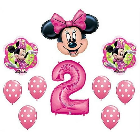 Dalvaydelights Minnie Mouse #2 2Nd Pink Polka Dots Flower Shaped 10 Piece Birthday Party Mylar & Latex Balloon Set