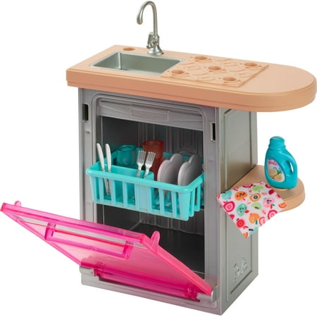 Barbie World Toy Dishwasher Set with 9 Dollhouse Kitchen Accessories Including Plates, Drying Rack, & More