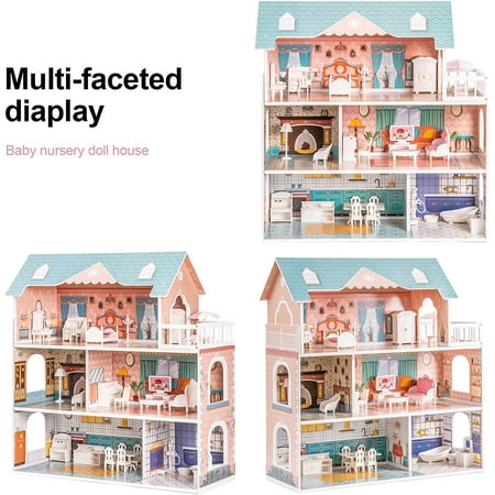 Robud Lady Wooden Dollhouse,3 Story with Balcony,28 Accessories Toy Gift for 3+Years Kid Girls