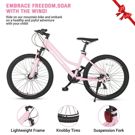 Youth/Adult Mountain Bike, 24 inch Womens Bicycles, Bicicletas Para Mujer for Teenagers Girls, Women MTB with Shimano 21 Speed Grip Shiter and Dual Hand Brakes, Pink