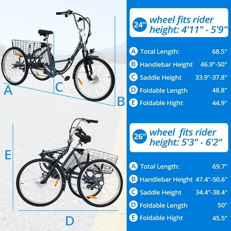 Towallmark Folding Electric Trike for Adults - Powerful 250W Motor, 7 Speeds, 24/26 Inch 3 Wheel Motorized Bicycle, Removable 36V 10Ah Battery, Large Basket, 330 lb Loading Capacity