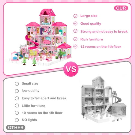 JoyStone Dollhouse with Lights, 4-Story 12 Rooms Huge Doll House with 4 Dolls Toy Figures, Fully Furnished Pretend Playhouse Gifts for Girls Ages 3+, Pink