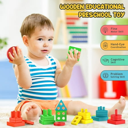 UUGEE Stacking Learning Toys for 1 2 3 Year Old Boys Girls, Baby Montessori Wooden Sorting Educational Gifts for 6 9 12 18 24 Months Toddlers Infant