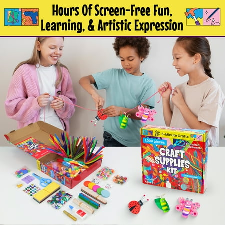 5-Minute Crafts 1000 Pieces Arts and Crafts Supplies Colorful Fuzzy Sticks Sequins Kids 6+ Non Toxic