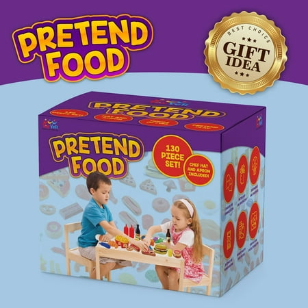 ToyVelt 130-Piece Pretend Play Food Toys for Kids Play Kitchen - BPA-Free Kitchen Toys and Plastic Toy Food- Includes Canned Goods, Vegetables, Fruits, Fast Food, Pastries, Bonus Chef Hat and Apron