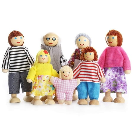 Amerteer Dolls Family Wooden Dolls Playset Wooden Figures Set of 7-Piece People for Children House Pretend Gift