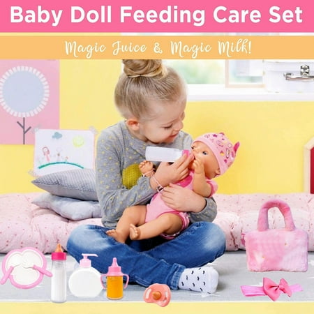 15Pcs Baby Doll Accessories, Baby Doll Feeding and Caring Set, Baby Pretend Play Set Fit 14-16 inch Doll and 18 inch Doll, Toys for Kids Girls 3-6 Years