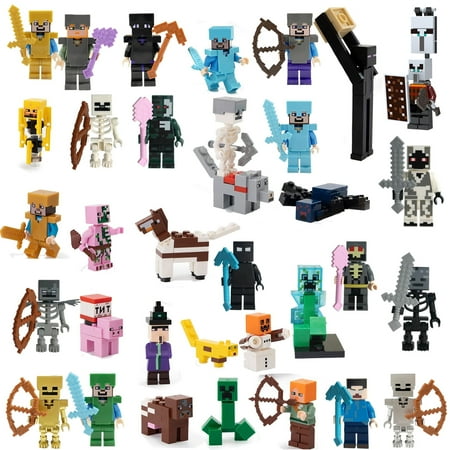 43 Pcs Mine-craft Minifigures Building Blocks Toys Set, Game Pixelated Miner Character Action Figures Building Kits Collection Display Toy for Boys Kids Fans