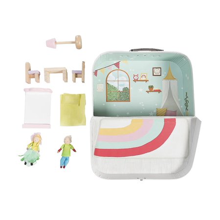 HearthSong 11 Inch Rainbow Cottage Travel Dollhouse Set with 2 Dolls and 5 Piece Furniture Set