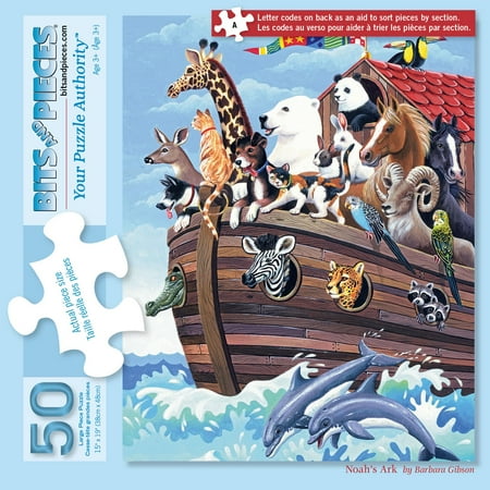 Bits and Pieces - 50 Piece Big Piece Jigsaw Puzzle for Seniors - 15" x 19" - Noah's Ark - 50 pc Animals Christian Large Lettered Pieces Mental & Physical Dexterity Jigsaw by Barbara Gibson