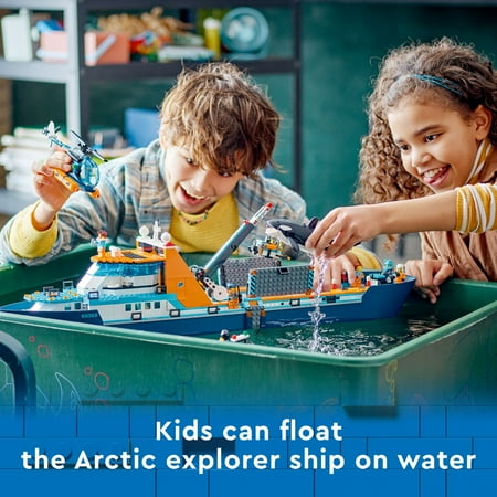 LEGO City Arctic Explorer Ship 60368 Building Toy Set, Fun Toy Gift for 7 year old Boys and Girls, with a Floatable Boat, Helicopter, Dinghy, ROV Sub, Viking Shipwreck, 7 Minifigures and an Orca