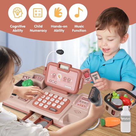 Zacro Kids Cash Register Toy, Pretend Play Cash Register with Scanner, Sound, Credit Card, Food, Recognition Mobile Payment Function, Grocery Store Game Toys, Pink