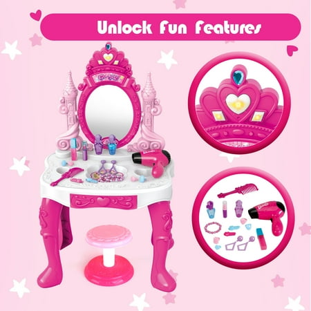 Jiakora Toddler Vanity Makeup Table with Mirror and Chair, Kids Pretend Play Vanity Set with Accessories and Lights and Music for 2-5 Years Old, Pink