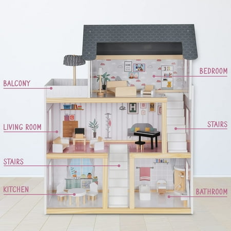 Lil Jumbl 3-Floor Wooden Dollhouse with 2 Staircases and 17-Piece Accessory Set