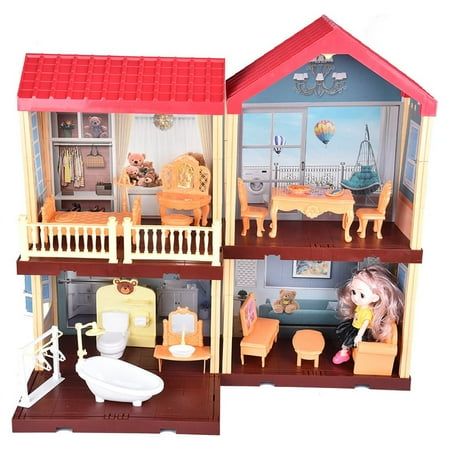 Toys Dollhouse for 3-8 Years Girls | 113 Pcs 2-Level DIY Doll House Playset Toy with Sweet Fashion Dolls & 4 Rooms & Furniture Home Decoration & LED Light for Kids Toddlers Gift