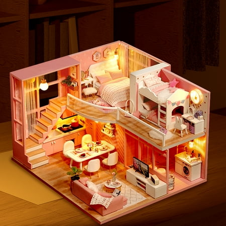 DIY Miniature Dollhouse Kit Realistic Mini 3D Wooden Loft Doll House Apartment with Furniture LED Lights Children's Day Birthday Gift Christmas Decoration