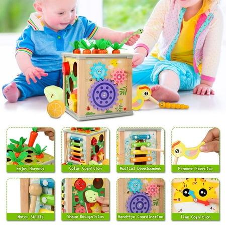 Wooden Activity Cube, 6-in-1 Montessori Toys for 12+ Months Babies, Educational Learning Toys for Toddlers Age 1-2, First Birthday Gift with Xylophone, Carrot Harvest