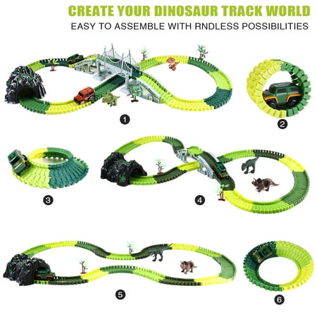 Anpro Dinosaur Toys Race Car Track Set for Kids, 250pcs Race Car Track Set Vehicle Playsets Dinosaur World Road Toys Flexible Track Playset for Boys Age 3+ Best Christmas Gift