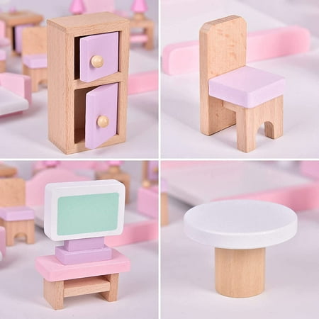 Fun Little Toys 22Pcs Pretend Life Dollhouse with Furniture,Wooden Doll House Furniture,Pink Wooden Toys, Stocking Stuffers for Kids,Birthday,Xmas Gift for Girls