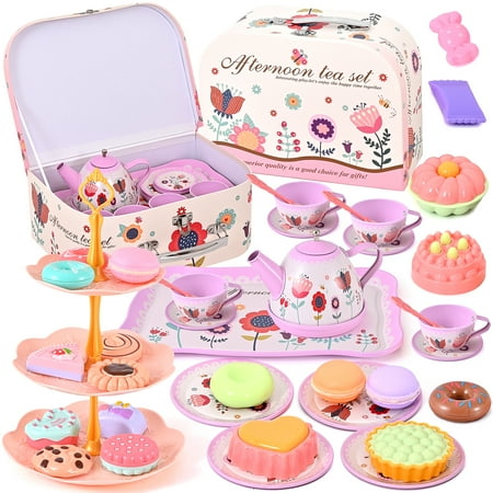 45PCS Tea Party Set, Gift for Girls Princess Tea Party Set Kitchen Pretend Toys with Tin Teapot, Cups, Plates and Carrying Case. Cake, Food for 3+Girls