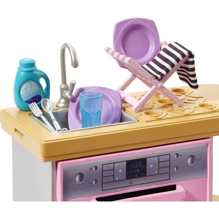 Barbie Indoor Doll House Furniture Set, Dishwasher with Counter & Kitchen Accessories