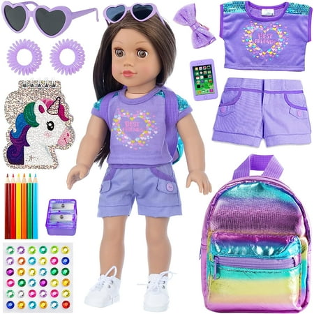 ZITA ELEMENT American 18 Inch Girl Doll Clothes and Accessories School Supplies Playset with Doll Clothes, School Bags, Sunglasses, Pencils, Pencil Sharpener, Notebooks, Phone, Hair Clip, Stickers