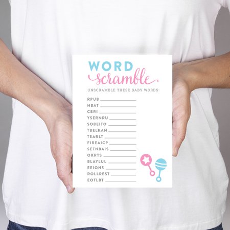 Koyal Wholesale Word Scramble Team Pink/Blue Gender Reveal Baby Shower Paper Games, Favors 20PC