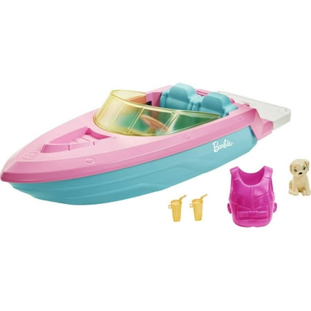 Barbie Toy Boat Set with Puppy, Life Vest and Beverage Accessories, Floats in Water (Seats 3 Dolls)