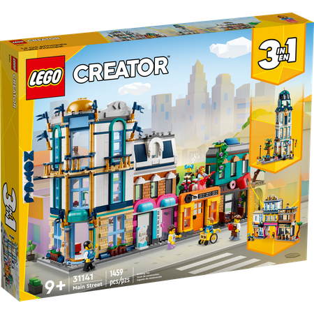 LEGO Creator 3 in 1 Main Street Building Toy Set, Features a Toy City, Art Deco Building, Market Street, Hotel, Café, Music Store and 6 Minifigures, Endless Play Possibilities for Kids, 31141