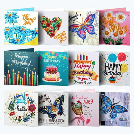 12pcs 5D DIY Diamond Painting Birthday Greeting Card - Hinestone Embroidery Arts Craft Cards Kits Postcard with Blank Envelopes For Birthday Mother's Day Thanksgiving Christmas Kids Crafts Gift