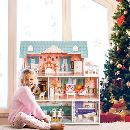 Robud Lady Wooden Dollhouse,3 Story with Balcony,28 Accessories Toy Gift for 3+Years Kid Girls