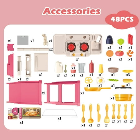 26Inch Play Kitchen Set for Kids, Anpro 48Pcs Interactive Kitchen Play Set with Sounds & Lights, Pretend Kitchen Cooking Toys for Age 3+ Boys Girls, Pink