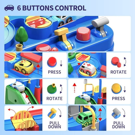 Kids Race Track Car Adventure Toy for Toddlers, Car Rescue Adventure Toys with 4 Mini Car 6 Buttons for 3-7 Years Old Boys Girls, Manually Operated Car Playset Education Toys for Kids Age 3+, Blue