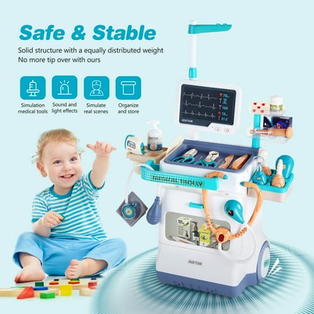 AOPOY Play Doctor Kit for Kids Toddler, 26 pcs Pretend Medical Station Set with Mobile Cart, Height Measuring Rod, Thermometer, Stethoscope, Educational Preschool Toys for Girls Boys