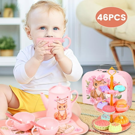 Cat Tea Party Set for Little Girls - 46pcs Pretend Play Toy, Birthday Gift for Toddlers Ages 3 4 5 6 Year Old, Includes Cat Tea Set, Desserts, and Carrying Case, Cat Design