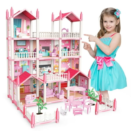 Freecat Doll House Kit Girls Toy, 11 Rooms DIY Pretend Play Dollhouse Playset Toys with Accessories and Furniture, Princess House for Toddlers, Christmas Birthday Gifts for 6-12 Year Old Girls (Pink)