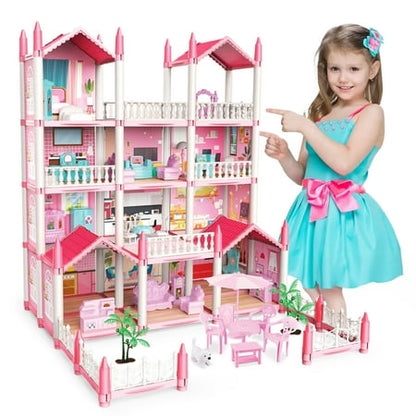 Freecat Doll House Kit Girls Toy, 11 Rooms DIY Pretend Play Dollhouse Playset Toys with Accessories and Furniture, Princess House for Toddlers, Christmas Birthday Gifts for 6-12 Year Old Girls (Pink)