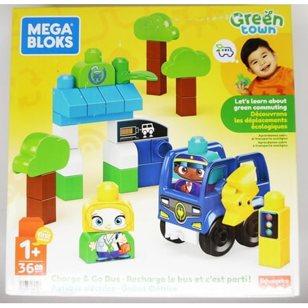 MEGA BLOKS Fisher-Price Toddler Building Blocks Green Town Charge & Go Bus 36pcs