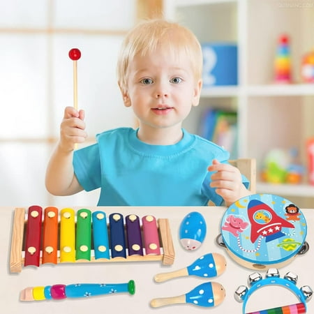 WoodenEdu Wooden Musical Instruments Set for Toddlers 1-3, Natural Wood Percussion Instruments Xylophone Gift Set for Girls Boys Kids ,Preschool Educational Musical Toys with Storage Bag (Blue)